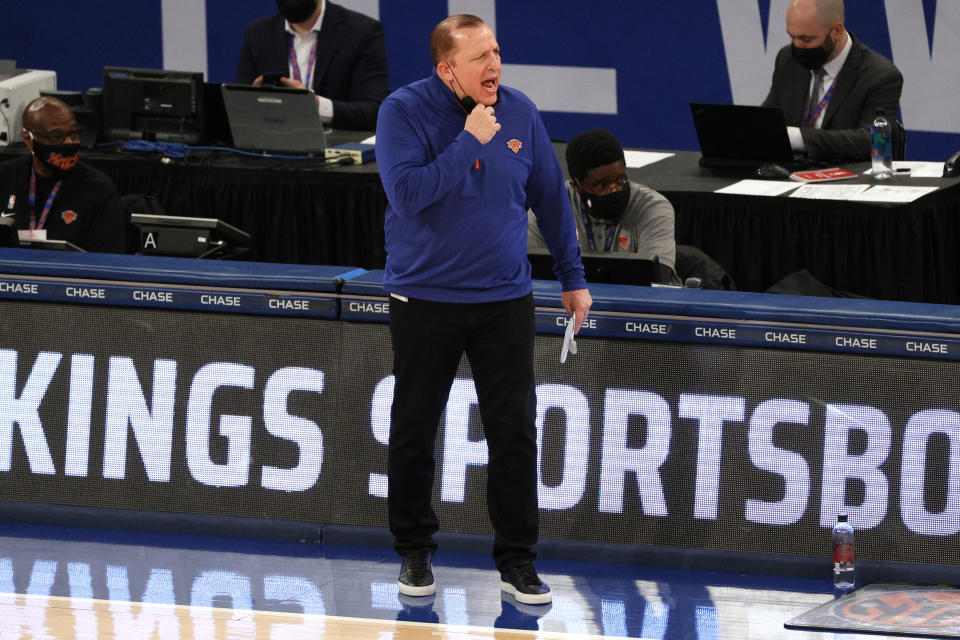 Head coach Tom Thibodeau of the New York Knicks reacts during the first half of an NBA basketball game against the Minnesota Timberwolves Sunday, Feb. 21, 2021, in New York. (Sarah Stier/Pool Photo via AP)