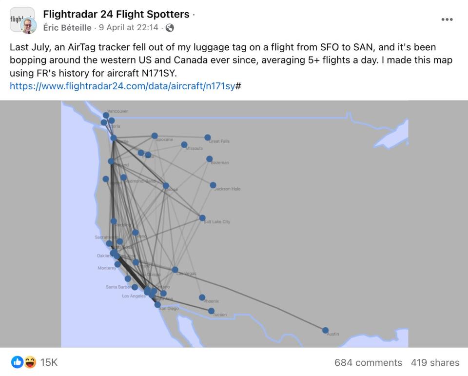 A Facebook post shows a map of an Alaska Airlines flight visiting 37 different cities across western North America