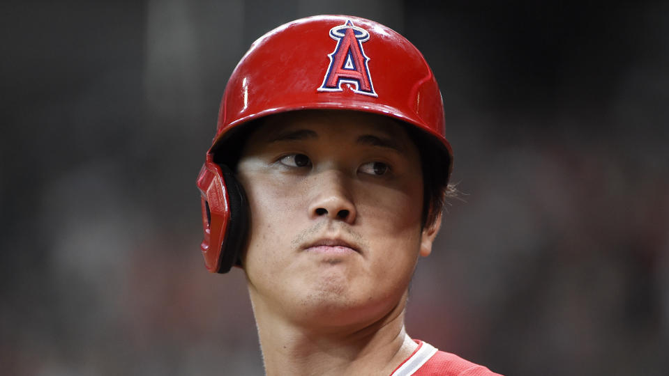 Los Angeles Angels designated hitter Shohei Ohtani stands in the on-deck circle before a baseball game against the Houston Astros, Saturday, Sept. 11, 2021, in Houston. (AP Photo/Eric Christian Smith)