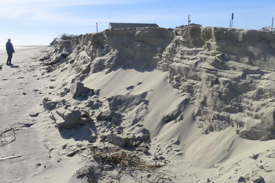 A severely eroded section of sand dune lines the beach in North Wildwood N.J., Jan. 22, 2024. A recent winter storm punched a hole through what is left of the city's eroded dune system, leaving it more vulnerable than ever to destructive flooding as the city and state fight in court over how best to protect the popular beach resort. (AP Photo/Wayne Parry)