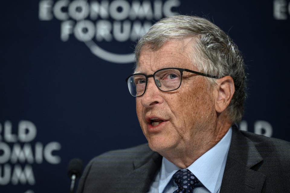 Philanthropist and co-founder of Microsoft Bill Gates attends a press conference on the sidelines of the World Economic Forum (WEF) annual meeting in Davos on May 25, 2022. - Pfizer said it would sell its patented drugs at a not-for-profit basis to the world's poorest countries, as part of a new initiative announced at the World Economic Forum in Davos. (Photo by Fabrice COFFRINI / AFP) (Photo by FABRICE COFFRINI/AFP via Getty Images)