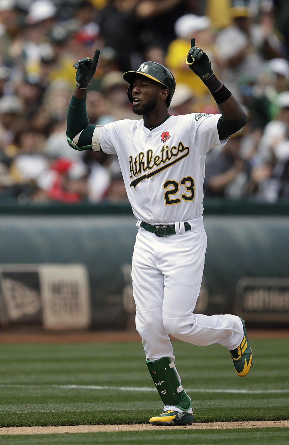 Oakland Athletics' Jurickson Profar celebrates after hitting a two-run home run off Los Angeles Angels' Trevor Cahill in the fourth inning of a baseball game Monday, May 27, 2019, in Oakland, Calif. (AP Photo/Ben Margot)