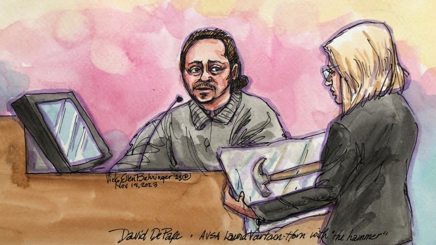 David DePape testifies at his federal trial in San Francisco on Nov. 14, 2023. (Courtroom sketch courtesy Vicki Behringer)