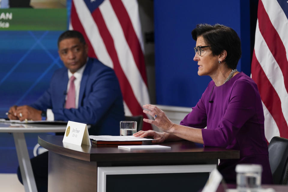 Jane Fraser, CEO of Citigroup, speaks as White House senior adviser Cedric Richmond listens during a meeting with President Joe Biden and business leaders about the debt limit in the South Court Auditorium on the White House campus, Wednesday, Oct. 6, 2021, in Washington. (AP Photo/Evan Vucci)