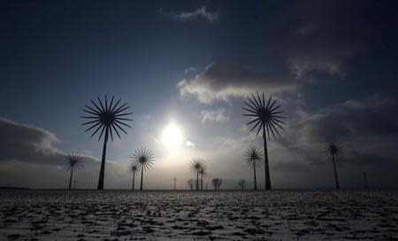 Wind turbines are pictured in this multiple exposure at the German village of Feldheim February 21, 2013. Feldheim, a 60-minute drive south of Berlin and home to about 125 people, is Germany's first and only energy self-sufficient village. REUTERS/Tobias Schwarz