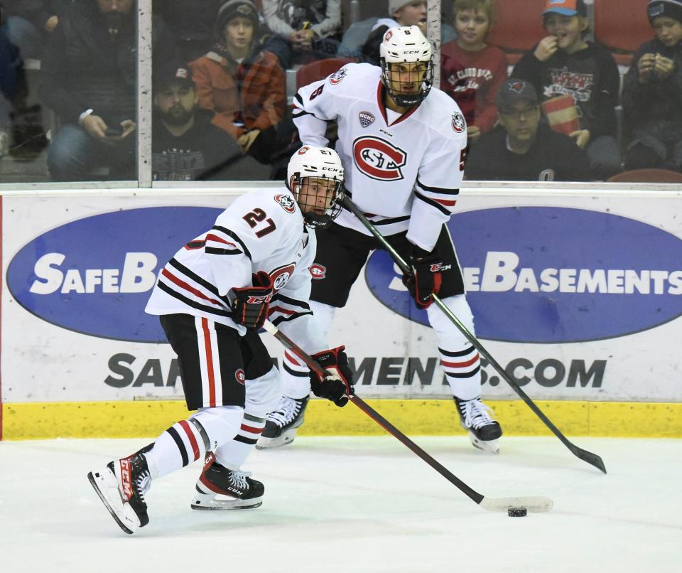 St. Cloud State junior Chase Brand looks to pass Saturday, Nov. 13, 2021, at Herb Brooks National Hockey Center in St. Cloud. 