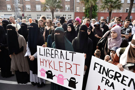 Demonstration on the first day of the implementation of the Danish face veil ban in Copenhagen, Denmark August 1, 2018. Mads Claus Rasmussen/Ritzau Scanpix/via REUTERS