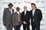 Actor Bill Duke, left, actor Don Cheadle, director Steven Soderbergh and actor Benicio Del Toro pose together at the "No Sudden Move" premiere during the 20th Tribeca Festival at The Battery on Friday, June 18, 2021, in New York. (Photo by Evan Agostini/Invision/AP)