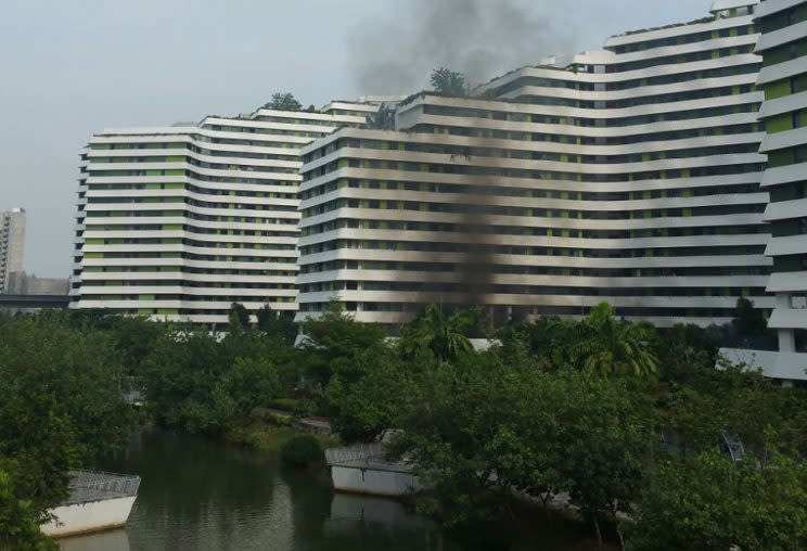 Smoke seen emerging from an underground carpark at Punggol Waterway Terraces on Saturday (26 November) morning. (PHOTO: Nick Crouch / Yahoo Newsroom)