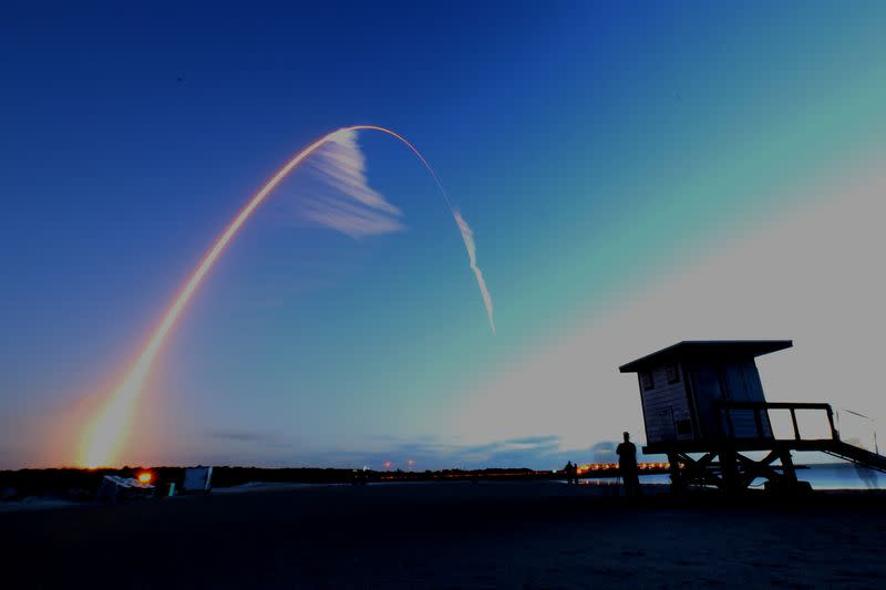 The Boeing CST-100 Starliner spacecraft flies after launch complex 40 at the Cape Canaveral Air Force Station in Cape Canaveral,