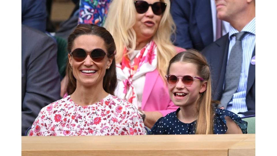 Pippa Middleton and Princess Charlotte of Wales court-side of Centre Court during the men's final on day fourteen of the Wimbledon Tennis Championships at the All England Lawn Tennis and Croquet Club on July 14, 2024 in London, England. 