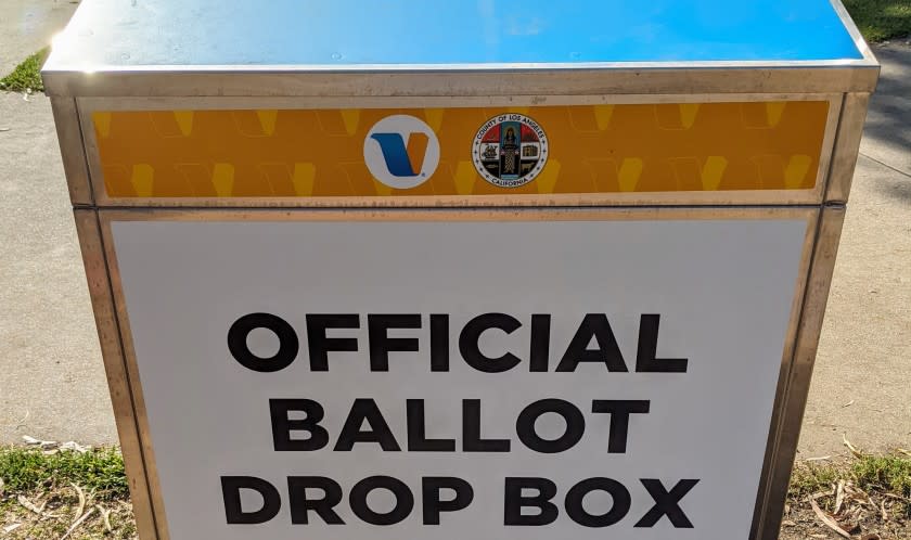 An official Los Angeles County ballot drop box at Stoner Recreation Center in Los Angeles.