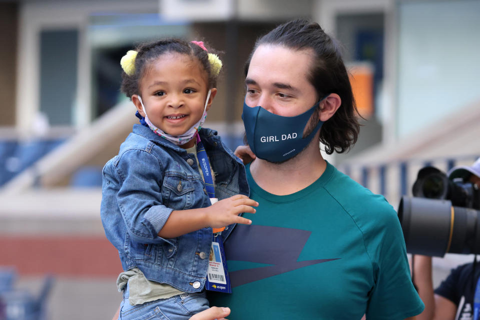 Alexis Olympia Ohanian Jr. and her father, Reddit co-founder Alexis Ohanian, cheer on Serena Williams at the 2020 U.S. Open. (Al Bello / Getty Images)