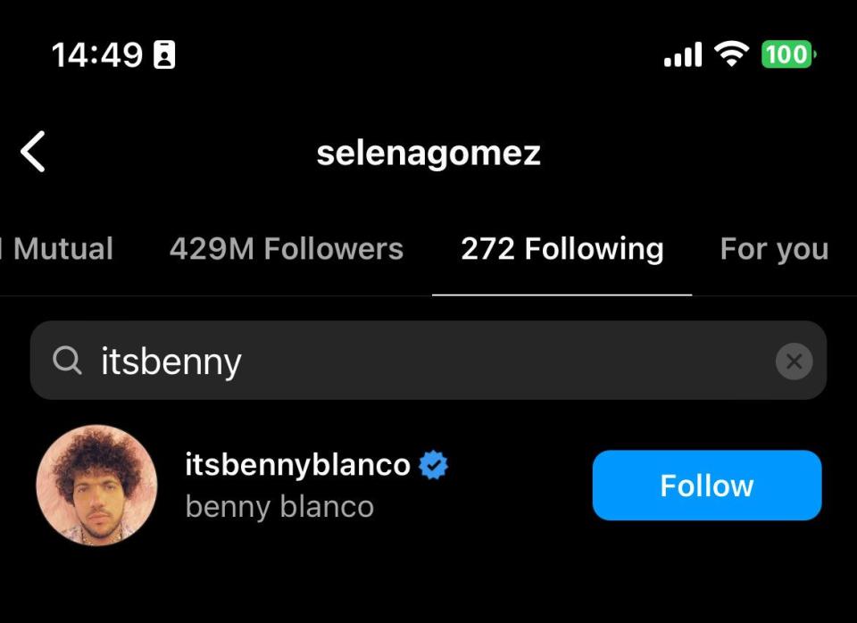 selena gomez and benny blanco following each other on instagram as of december 7