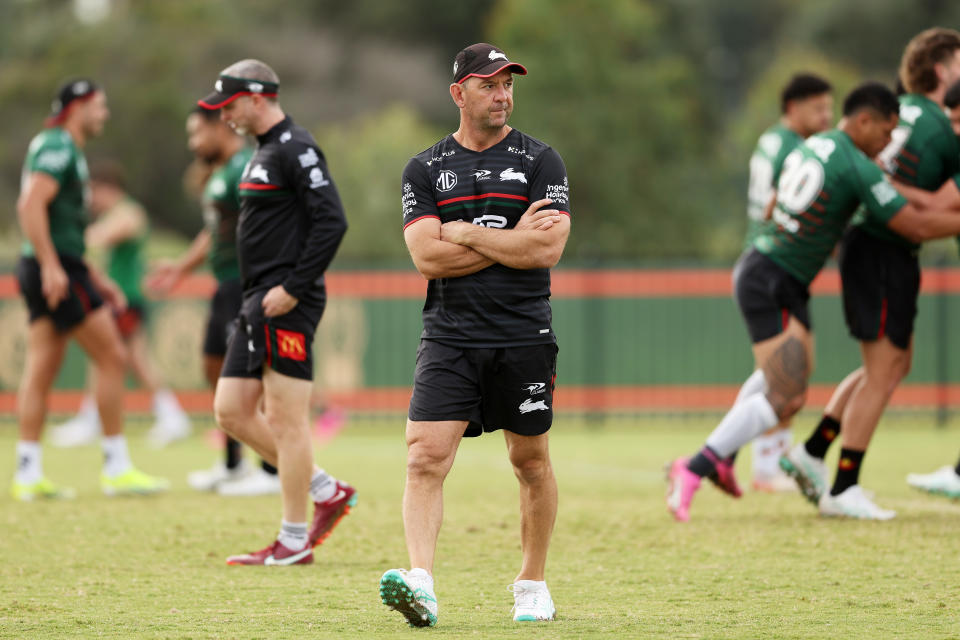 SYDNEY, AUSTRALIA - APRIL 09:  Rabbitohs head coach Jason Demetriou looks on during a South Sydney Rabbitohs NRL training session at USANA Rabbitohs Centre on April 09, 2024 in Sydney, Australia.  (Photo by Matt King/Getty Images)