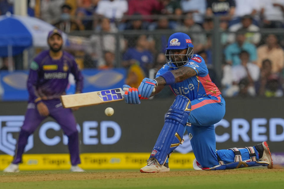 Mumbai Indians' Suryakumar Yadav plays a shot during the Indian Premier League cricket match between Kolkata Knight Riders and Mumbai Indians in Mumbai, India, Sunday, April 16, 2023. (AP Photo/Rajanish Kakade)