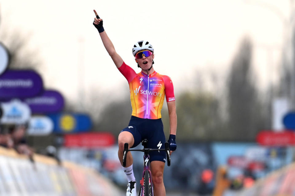 WAREGEM BELGIUM  MARCH 29 Demi Vollering of The Netherlands and Team SD Worx celebrates at finish line as race winner during the 11th Dwars door Vlaanderen 2023  Womens Elite a 1149km ine day race from Waregem to Waregem  DDV23  on March 29 2023 in Waregem Belgium Photo by Tim de WaeleGetty Images