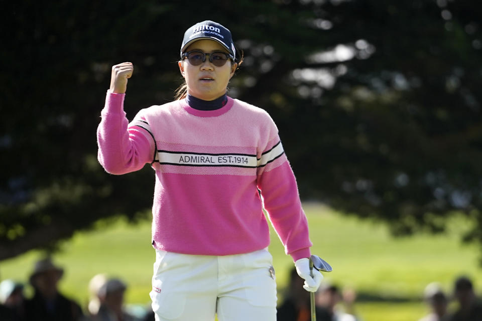 Nasa Hataoka, of Japan, reacts after making a birdie putt on the 16th green during the third round of the U.S. Women's Open golf tournament at the Pebble Beach Golf Links, Saturday, July 8, 2023, in Pebble Beach, Calif. (AP Photo/Darron Cummings)