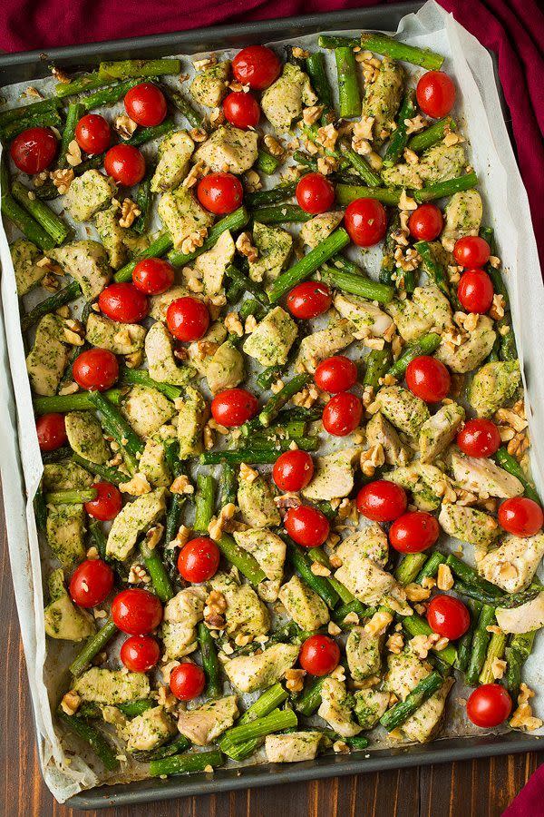 Sheet Pan Pesto Chicken with Asparagus Tomatoes and Walnuts