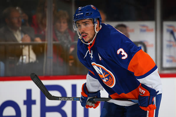 NEW YORK, NY - NOVEMBER 01: Travis Hamonic #3 of the New York Islanders skates against the Tampa Bay Lightning at the Barclays Center on November 1, 2016 in Brooklyn borough of New York City. Lighting defeated the Islanders 6-1. (Photo by Mike Stobe/NHLI via Getty Images)