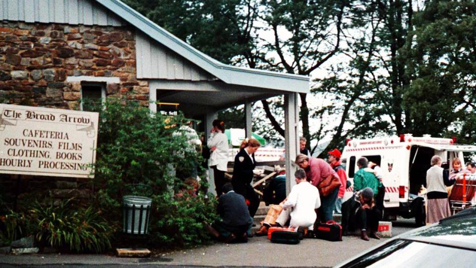 Tourist supplied photo of scene outside Broad Arrow Cafe, Port Arthur 28/04/96 where gunman Martin Bryant shot diners inside & outside cafe 28/04/96, believed to be Australia's worst shooting massacre, to date 35 persons killed & 19 wounded, gunman later burned down Seascape guesthouse after holding three hostages during siege, ambulance in background, Bryant arrested 29/04/96 after running from burning cottage. Tasmania / Crime / Massacres / Murder/ Shootings / Sieges Picture: Supplied