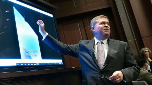 PHOTO: Deputy Director of Naval Intelligence Scott Bray explains a video of an unidentified aerial phenomena, as he testifies before a House Intelligence Committee subcommittee hearing at the U.S. Capitol on May 17, 2022 in Washington, DC. (Kevin Dietsch/Getty Images, FILE)
