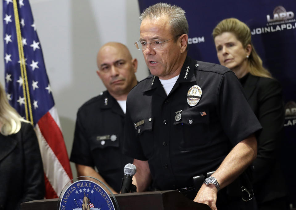 FILE - In this Aug. 6, 2019 file photo Los Angeles Police Department Chief Michel Moore talks during a news conference at LAPD headquarters in Los Angeles. Moore announced his retirement Friday, Jan. 12, 2024, in an unexpected departure as the head of one of the nation's largest law enforcement agencies. (AP Photo/Marcio Jose Sanchez, File)