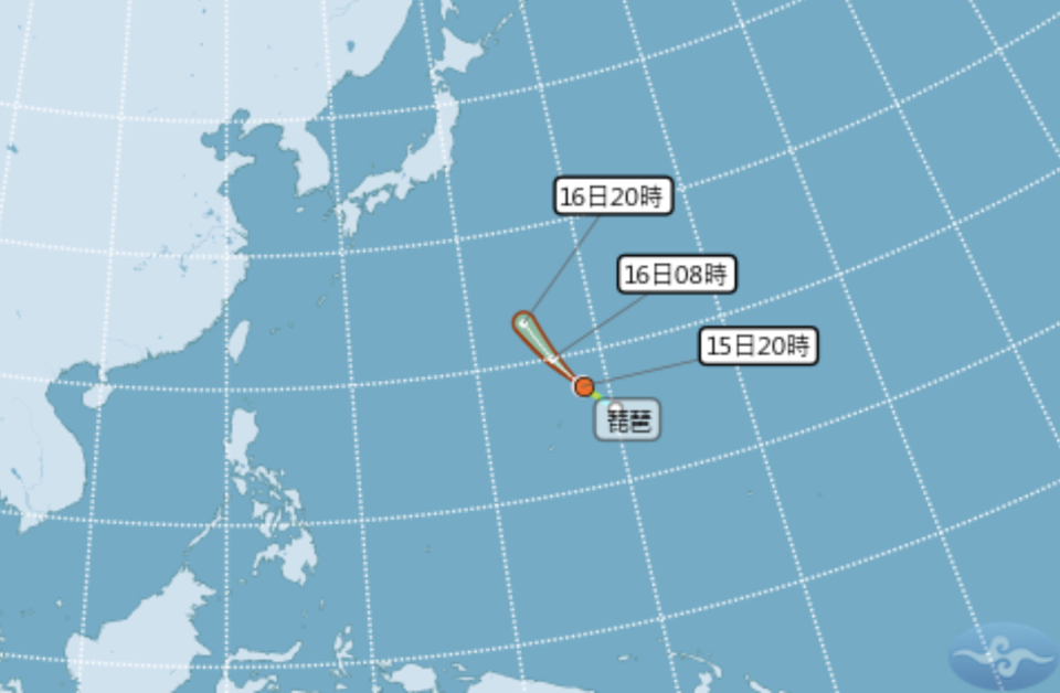 ▲原位於關島東北方海面之熱帶性低氣壓，於今（15）日晚上8點發展為第16號颱風琵琶。（圖／翻攝自中央氣象局）