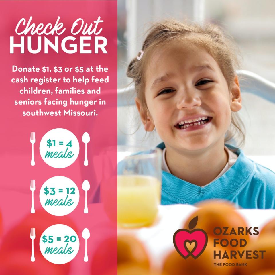 Ozarks Food Harvest's annual Check Out Hunger campaign runs through Dec. 31, 2023. Every $1 donated is equivalent to four meals.