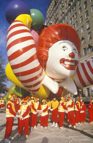 <p>Say hello to the first-ever Ronald McDonald balloon in the Macy's Thanksgiving Day Parade—which was accompanied by the McDonald's All-American Marching band. This guy was retired after the 1994 parade. The current McDonald's balloon features Ronald wearing a red coat, yellow pants, and red shoes.</p>