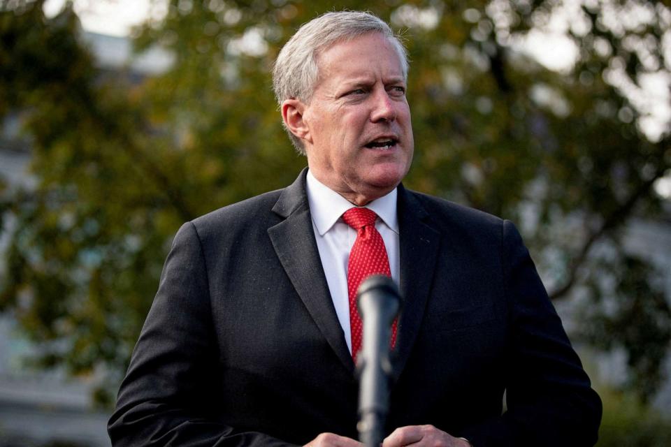 PHOTO: White House Chief of Staff Mark Meadows speaks to reporters following a television interview, outside the White House in Washington, October 21, 2020. (Alexander Drago/Reuters)