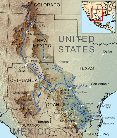 The Rio Grande is one of the largest rivers in the southwest U.S. and northern Mexico. Because of drought and overuse, sections of the river frequently run dry. <a href="https://en.wikipedia.org/wiki/Rio_Grande#/media/File:Riogranderivermap.png" rel="nofollow noopener" target="_blank" data-ylk="slk:Kmusser/Wikipedia;elm:context_link;itc:0;sec:content-canvas" class="link ">Kmusser/Wikipedia</a>, <a href="http://creativecommons.org/licenses/by-sa/4.0/" rel="nofollow noopener" target="_blank" data-ylk="slk:CC BY-SA;elm:context_link;itc:0;sec:content-canvas" class="link ">CC BY-SA</a>