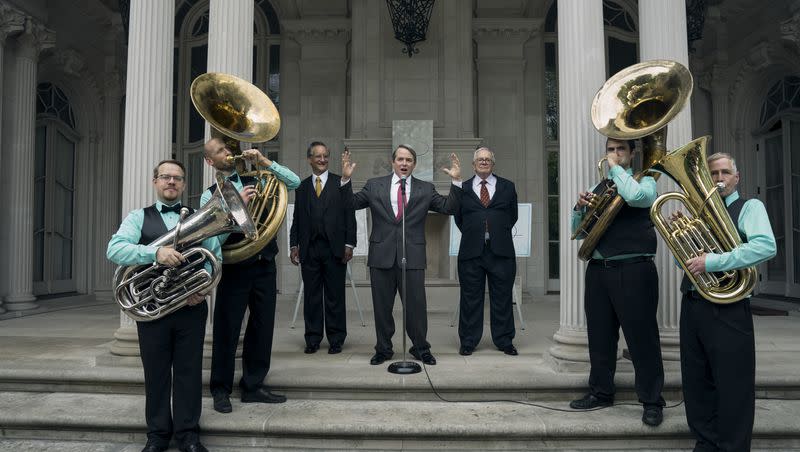 John Rothman, center left, as Mortimer Sackler, Matthew Broderick as Richard Sackler, and Sam Anderson as Raymond Sackler in “Painkiller.”