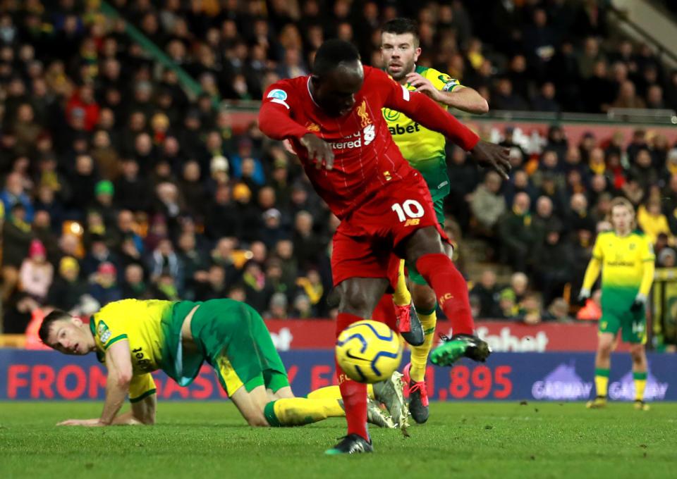 Sadio Mané (10) scores the only goal of Liverpool's victory against Norwich City. (Photo by Adam Davy/PA Images via Getty Images)