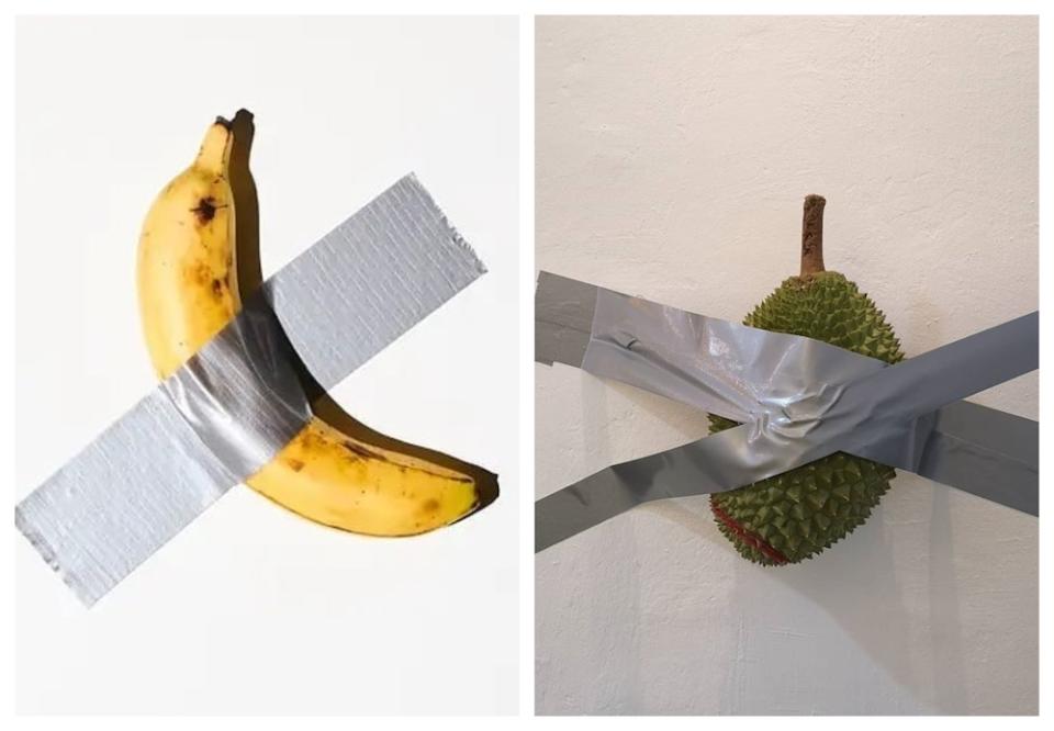 Singaporean durian seller comes up with his own version of ‘duct-taped banana’ artwork using durian. — Picture via Instagram/angkaryong and Facebook/99oldtrees