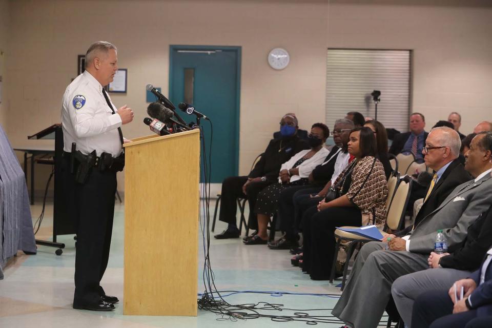 Akron Chief of Police Stephen L. Mylett speaks during the press conference at the Firestone Community Center on Sunday, July 3, 2022 in Akron on the presentation of the body cam videos in the police shooting of Jayland Walker last Monday night. 