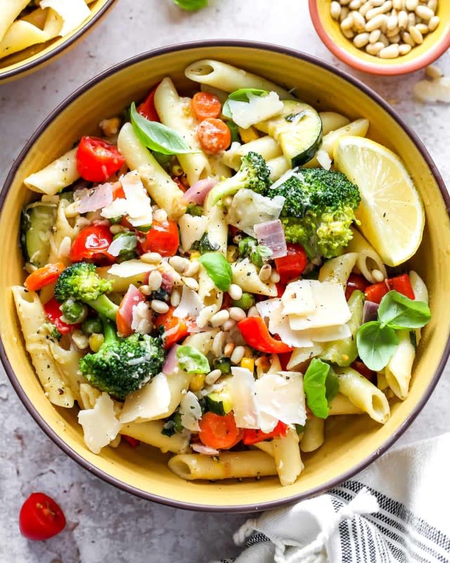 <p>Joy Food Sunshine</p><p>Pasta primavera is a fresh, bright and lemony, veggie-packed pasta dish. This pasta primavera recipe is versatile and is ready in under 30 minutes making it an easy and healthy weeknight meal.</p><p><strong>Get the recipe: <a href="https://joyfoodsunshine.com/pasta-primavera/" rel="nofollow noopener" target="_blank" data-ylk="slk:Pasta Primavera;elm:context_link;itc:0;sec:content-canvas" class="link rapid-noclick-resp">Pasta Primavera</a></strong></p>