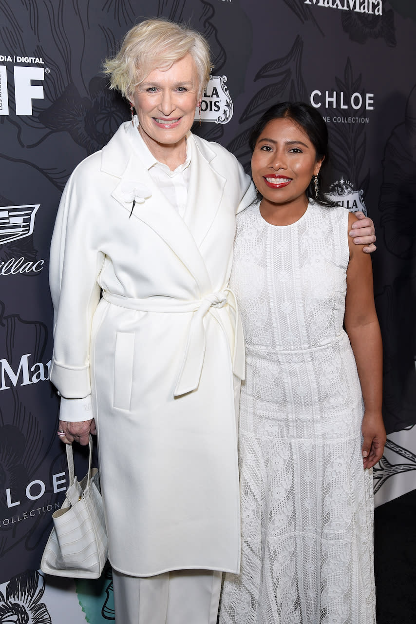 BEVERLY HILLS, CALIFORNIA - FEBRUARY 22: Glenn Close and Yalitza Aparicio attends 12th Annual Women in Film Oscar Nominees Party Presented by Max Mara with additional support from Chloe Wine Collection, Stella Artois and Cadillac at Spring Place on February 22, 2019 in Los Angeles, California. (Photo by Presley Ann/Getty Images for Women In Film)