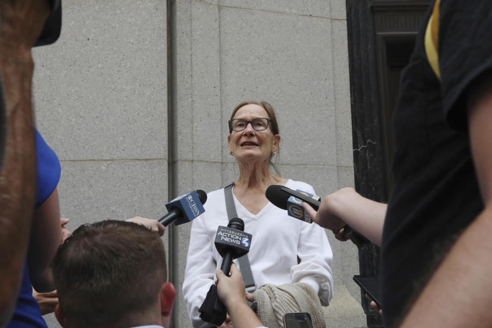 Jean Clickner, a congregant from the Tree of Life synagogue, speaks to the media following the sentencing of Robert Bowers outside the Joseph F. Weis Jr. United States Courthouse in Pittsburgh, Wednesday, Aug 2, 2023. Bowers was sentenced to death for killing 11 people at the Tree of Life synagogue in Pittsburgh in 2018. (AP Photo/Rebecca Droke)