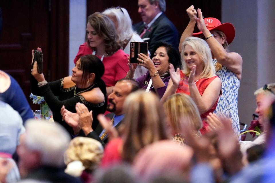 People cheer as former President Donald Trump speaks during the North Carolina Republican Party Convention in Greensboro, N.C., Saturday, June 10, 2023. (AP Photo/George Walker IV) (AP)