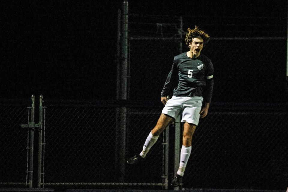 Appoquinimink senior TJ Hastings (5) celebrates during the boys soccer game against Middletown at Cavaliers Stadium in Middletown, Thursday, Oct. 27, 2022. Appoquinimink won 3-1.