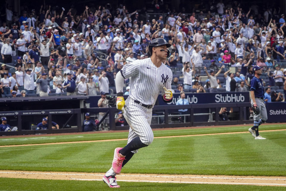 New York Yankees' Aaron Judge runs the bases after hitting a two-run home run in the fifth inning of a baseball game against Tampa Bay Rays, Saturday, May 13, 2023, in New York. (AP Photo/Bebeto Matthews)