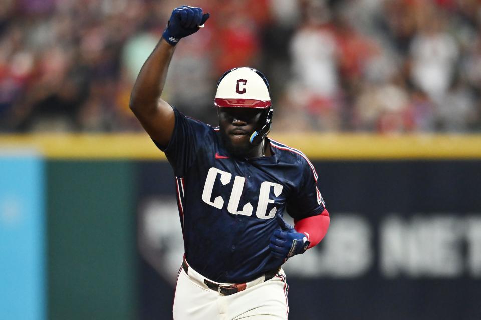 Cleveland Guardians' Jhonkensy Noel (43) rounds the bases after hitting a home run against the Pittsburgh Pirates on Aug. 30 in Cleveland.