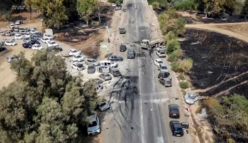 PHOTO: A grab taken from a UGC video posted on the Telegram channel 'South First Responders', Oct. 9, 2023, shows the aftermath of an attack on the Supernova music Festival by Palestinian militants, near Kibbutz Reim in (South First Responders/AFP via Getty Images)