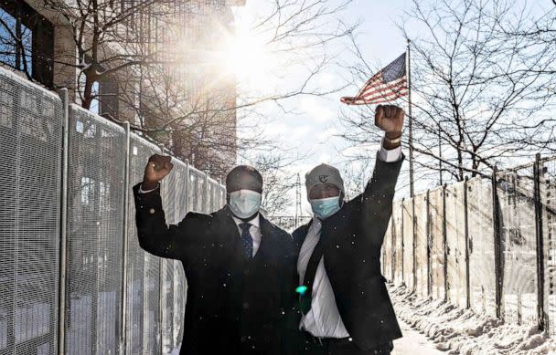 PHOTO: George Floyd&#39;s brother Philonise Floyd, right, and nephew Brandon Williams arrive at the US District Court in St. Paul, Minn. on Jan. 24, 2022. (Kerem Yucel/AFP via Getty Images)