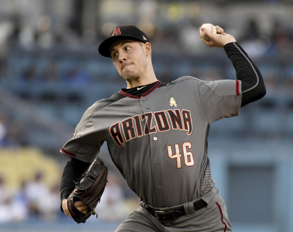 Arizona Diamondbacks pitcher Patrick Corbin throws to the plate during the first inning of a baseball game against the Los Angeles Dodgers, Saturday, Sept. 1, 2018, in Los Angeles. (AP Photo/Michael Owen Baker)