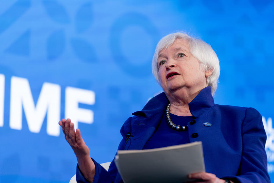 Treasury Secretary Janet Yellen speaks during the 2022 annual meeting of the IMF and the World Bank Group in Washington, Wednesday, Oct. 12, 2022. (AP Photo/Andrew Harnik)