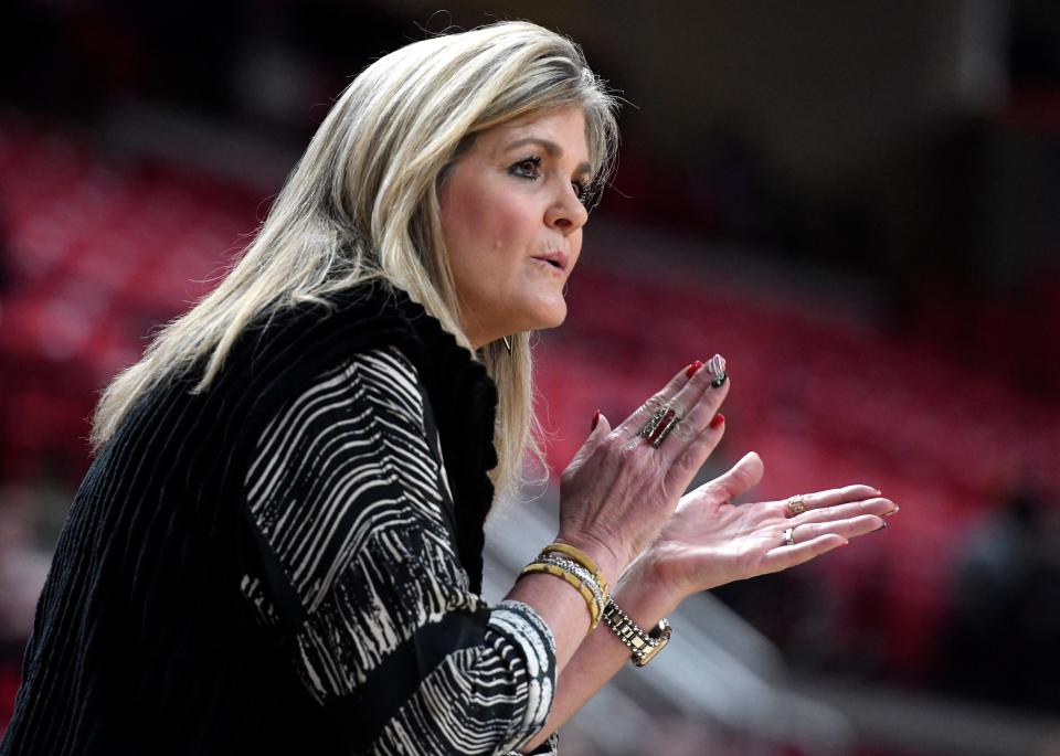 Texas Tech's head women's basketball coach Krista Gerlich claps on the sideline in a non-conference basketball game against Alabama State, Thursday, Dec. 1, 2022, at United Supermarkets Arena.