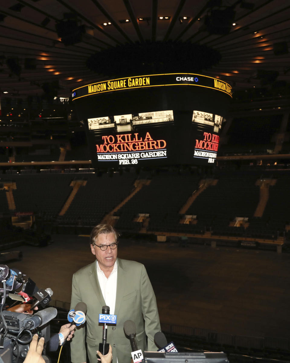 Aaron Sorkin participates in a press conference to announce an upcoming performance of "To Kill a Mockingbird" at Madison Square Garden on Wednesday, Feb. 19, 2020, in New York. The performance is scheduled to take place on Feb. 26, 2020.(Photo by Greg Allen/Invision/AP)