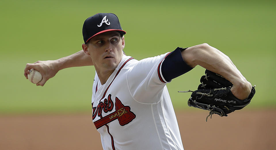 Atlanta Braves pitcher Kyle Wright works against the Washington Nationals in the first inning of a baseball game Saturday, July 9, 2022, in Atlanta. (AP Photo/Ben Margot)